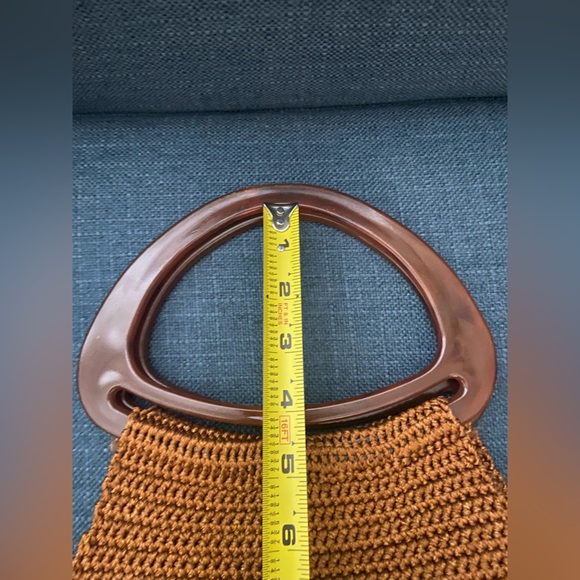Vintage Crochet Rust Brown with Knots & Oval Lucite Handles Boho Handbag Purse - Picture 9 of 12